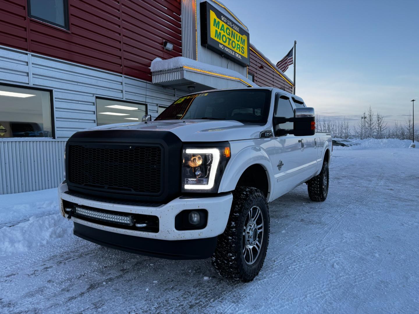 2015 White /Black Leather Ford F-250 SD Platinum Crew Cab 4WD (1FT7W2BT3FE) with an 6.7L V8 OHV 16V DIESEL engine, 6-Speed Automatic transmission, located at 1960 Industrial Drive, Wasilla, 99654, (907) 274-2277, 61.573475, -149.400146 - All the power and comfort you need to haul whatever you want and in style. This Platinum edition is the top of the line with all the creature comforts you could expect from luxury vehicle - Photo#1